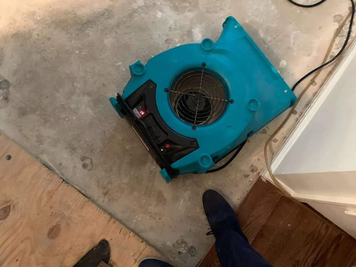 Air mover drying subfloor during Leak Detection & Repair in Sunrise Manor